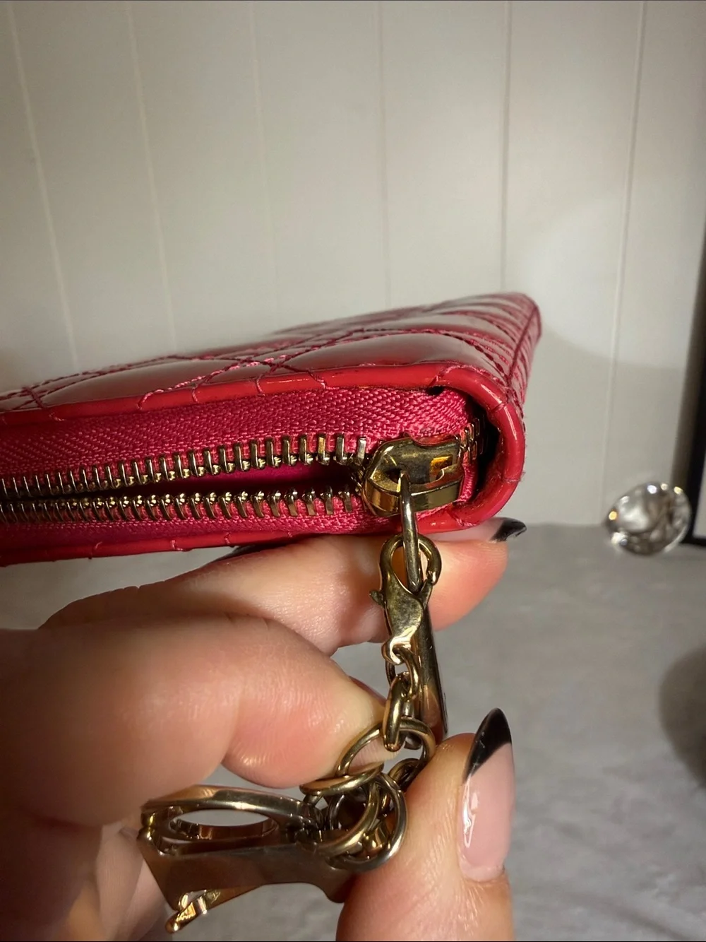 Dior Lady Dior Cannage Patent Leather Zip Around Wallet w/detachable Dior charm
